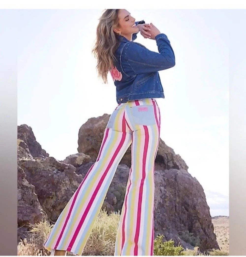 Wrangler Barbie Jeans Womens 29x31.5 Multicolor Striped Flare Denim Barbiecore - Picture 1 of 15